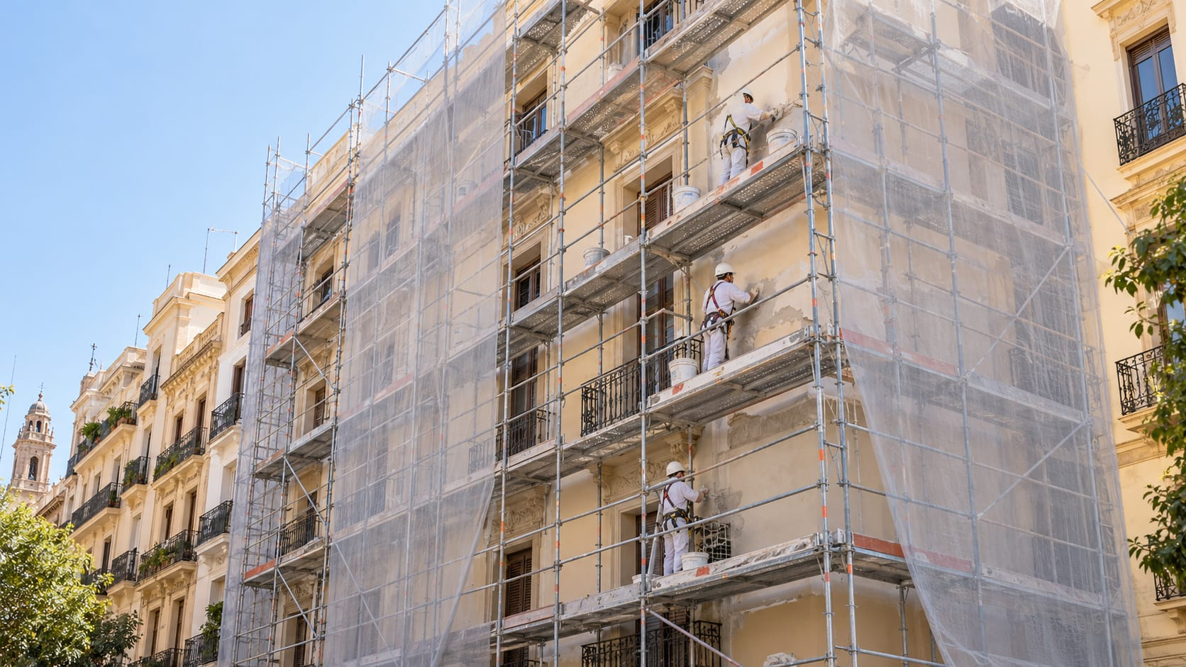 Rehabilitación de un edificio con andamios en la fachada